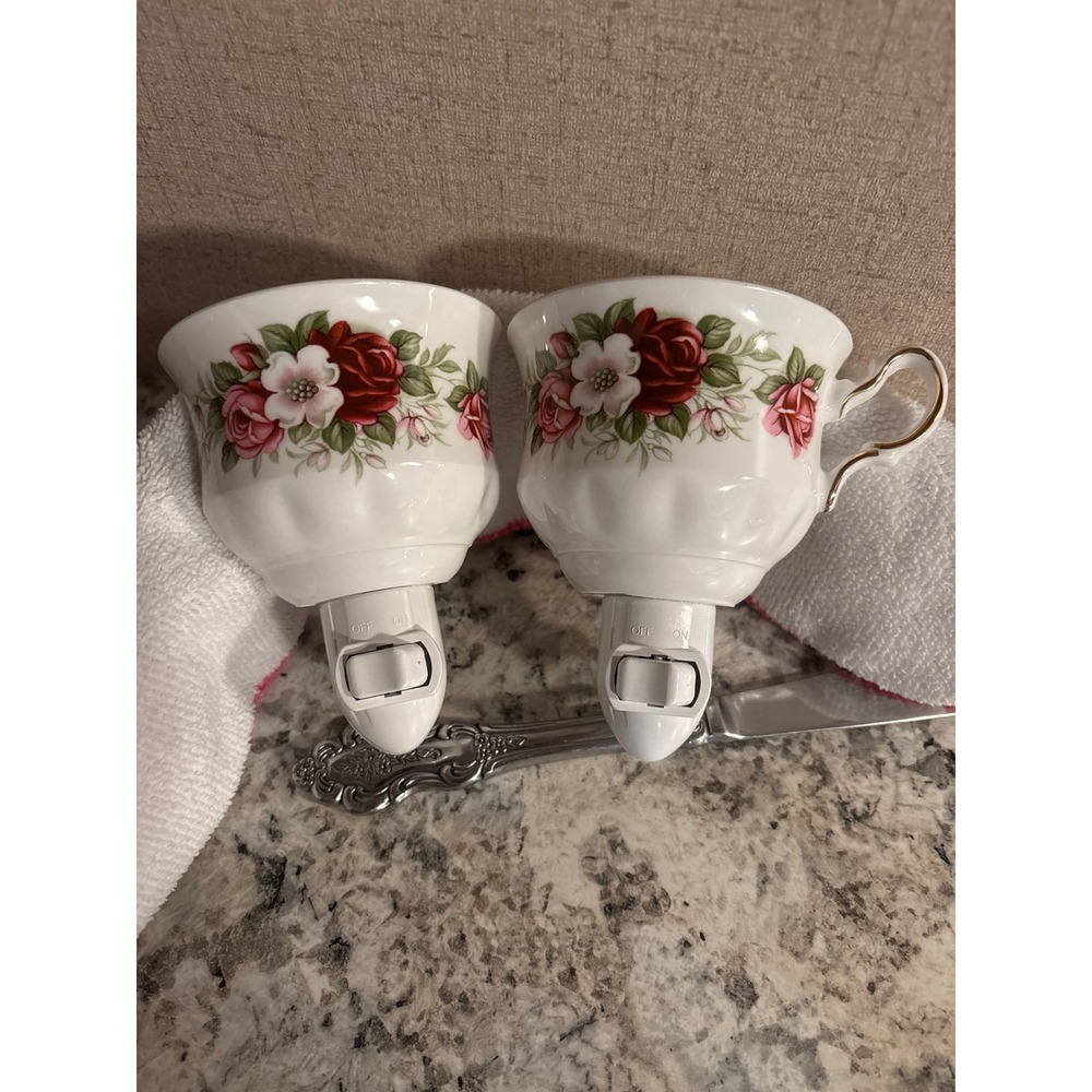 Vintage Floral Teacup Night Light Set Ceramic Rose Plug In Wall Decor 2pc